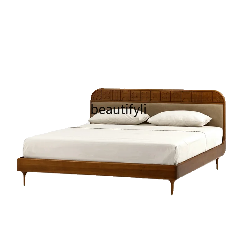 

French retro solid wood carving double bed Nordic medieval soft master bedroom single bed modern art double wedding bed