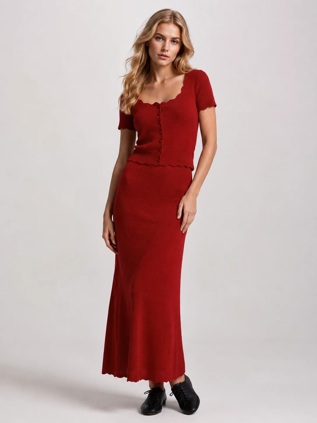 

2026 New Women's Knit Two Piece Set, Scallop Trim Short Sleeve Button Top & High Waist Midi Skirt