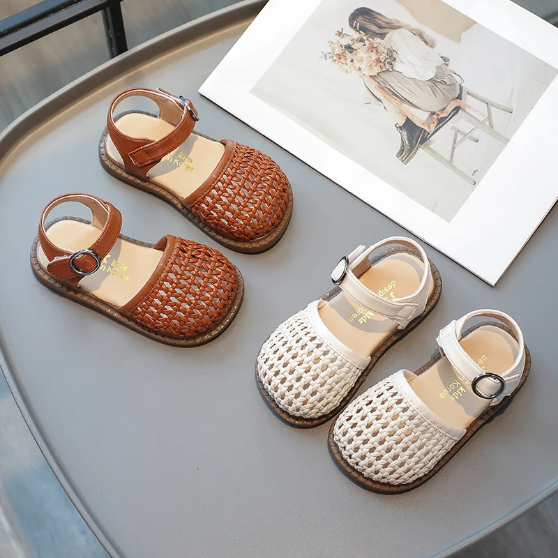 

Toddler Kids Woven Hollow Out Closed Toe Sandals Boys Girls Breathable Soft Sole Summer Shoes Baby Non-Slip First Walkers