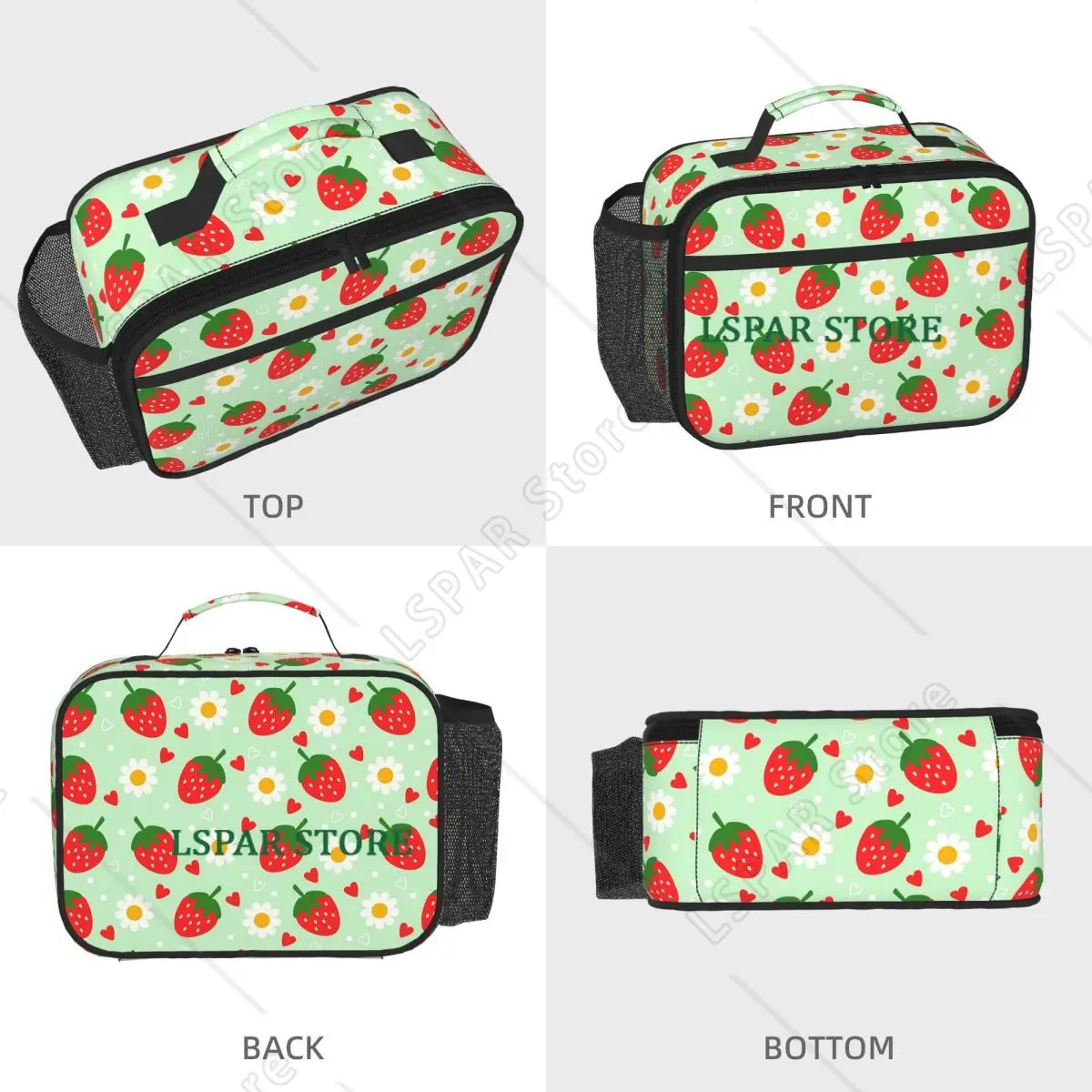 Strawberry And Daisy Cartoon Pattern Insulated Lunch Bag for Women Kids Portable Food Boxes Thermal Lunch Box Tote
