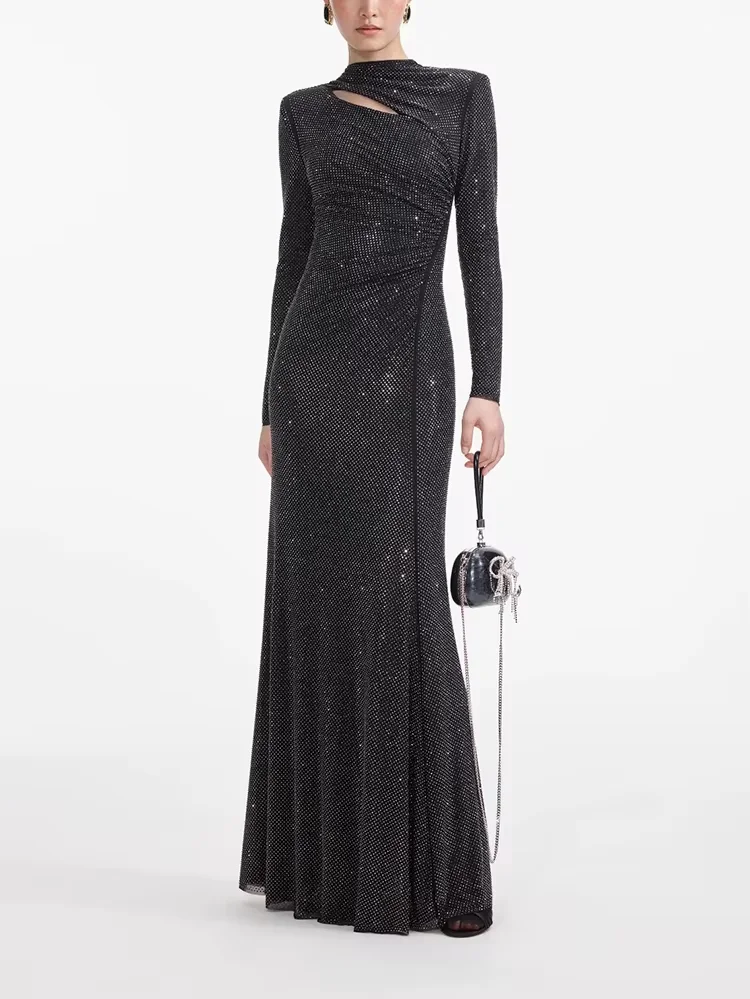 

Woman clothing y2k fall and winter full diamond pleated fishtail dress stretch long sleeve Dresses2024senior sense Party dresses