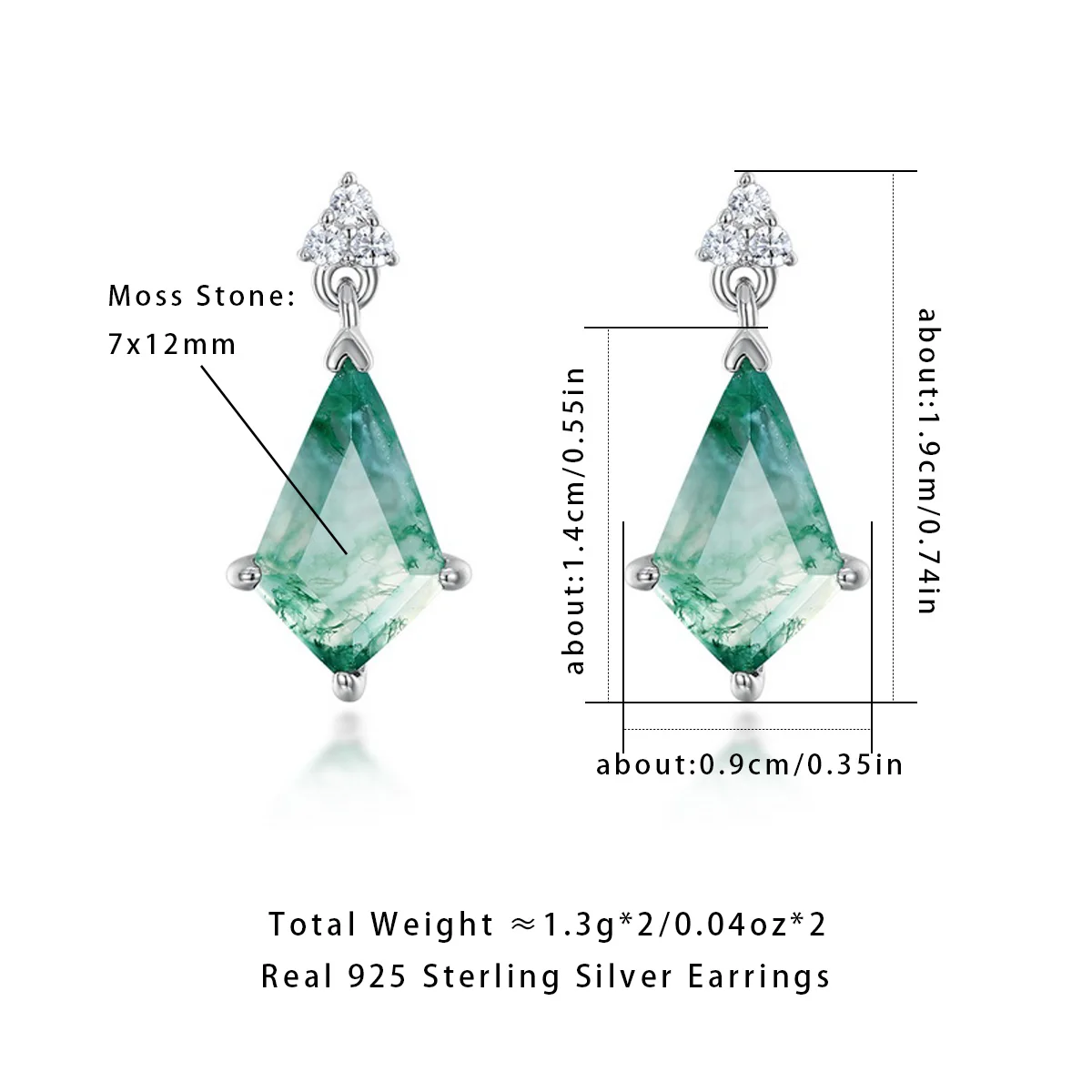 

AliMoss 7*12mm Kite Cut Moss Agate Drop Earrings 925 Sterling Silver CZ Dangle Earring for Women Anniversary Birthday Gifts