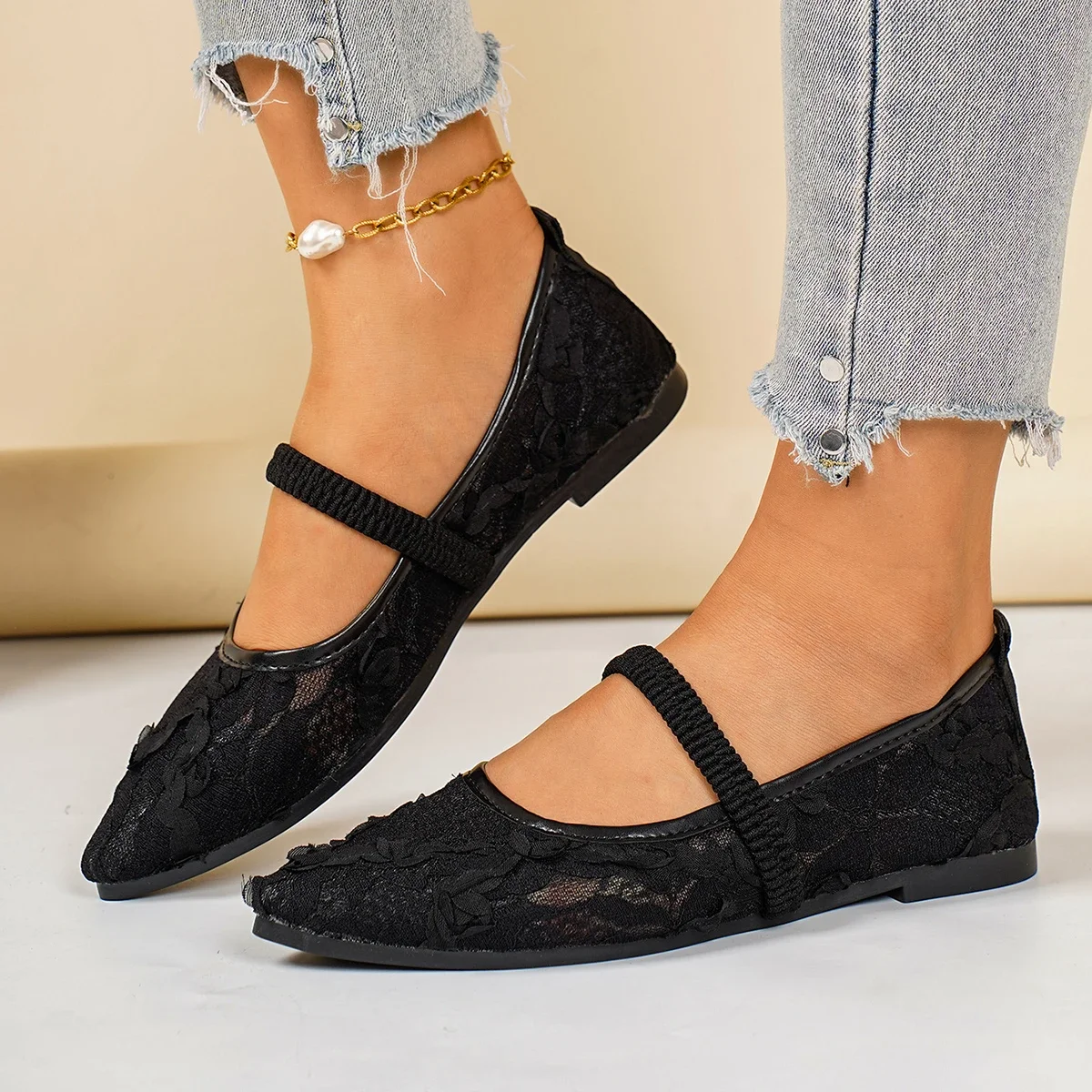 Women Lace Floral Mary Jane Flats Square Toe Elastic Strap Breathable Mesh Slip on Ladies Wedding Casual Dress Shoes