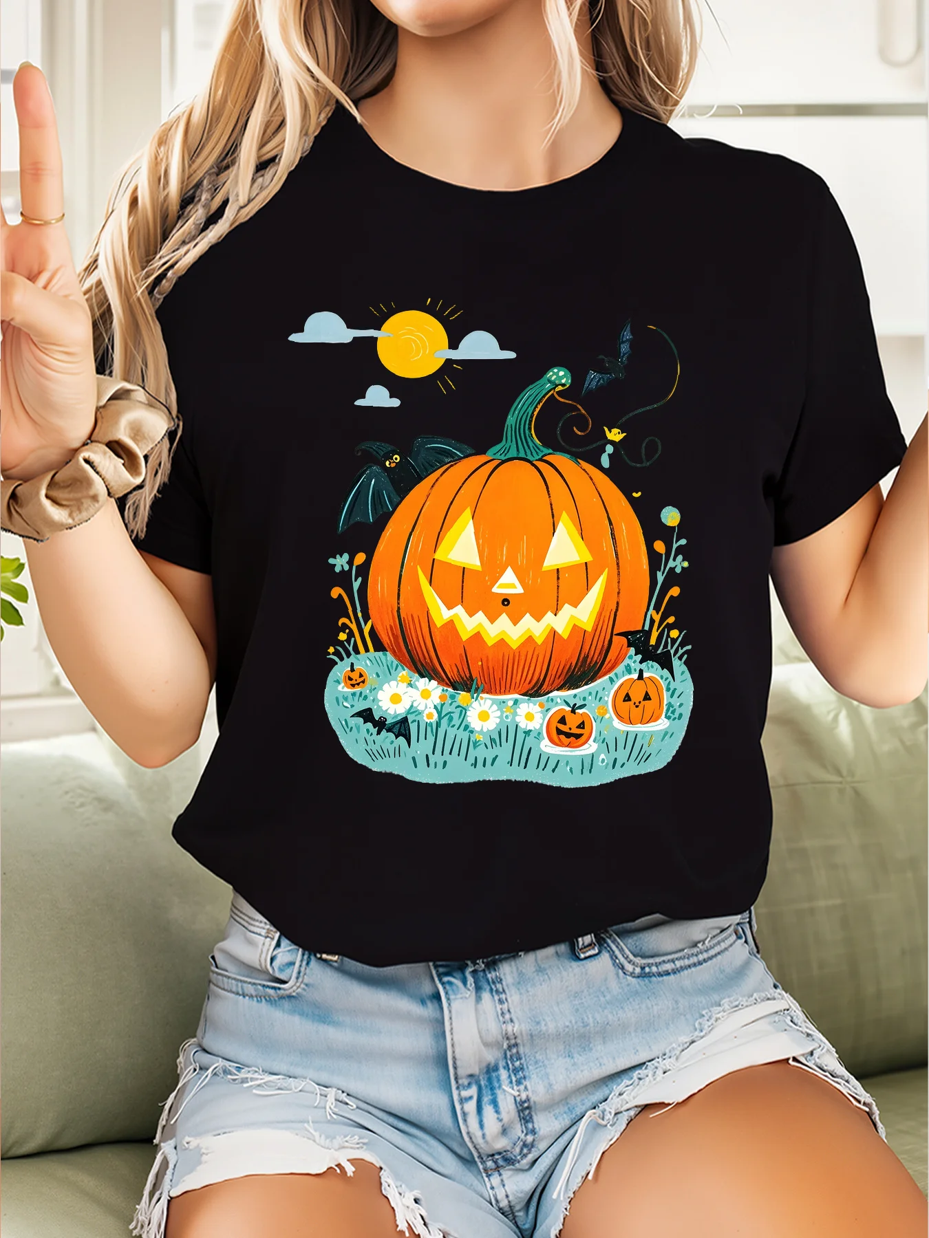 Women'S Halloween T-Shirt Spooky Pumpkin Bat Sunflower Print Fit Round Neck Short Sleeve Black with Orange Teal Design