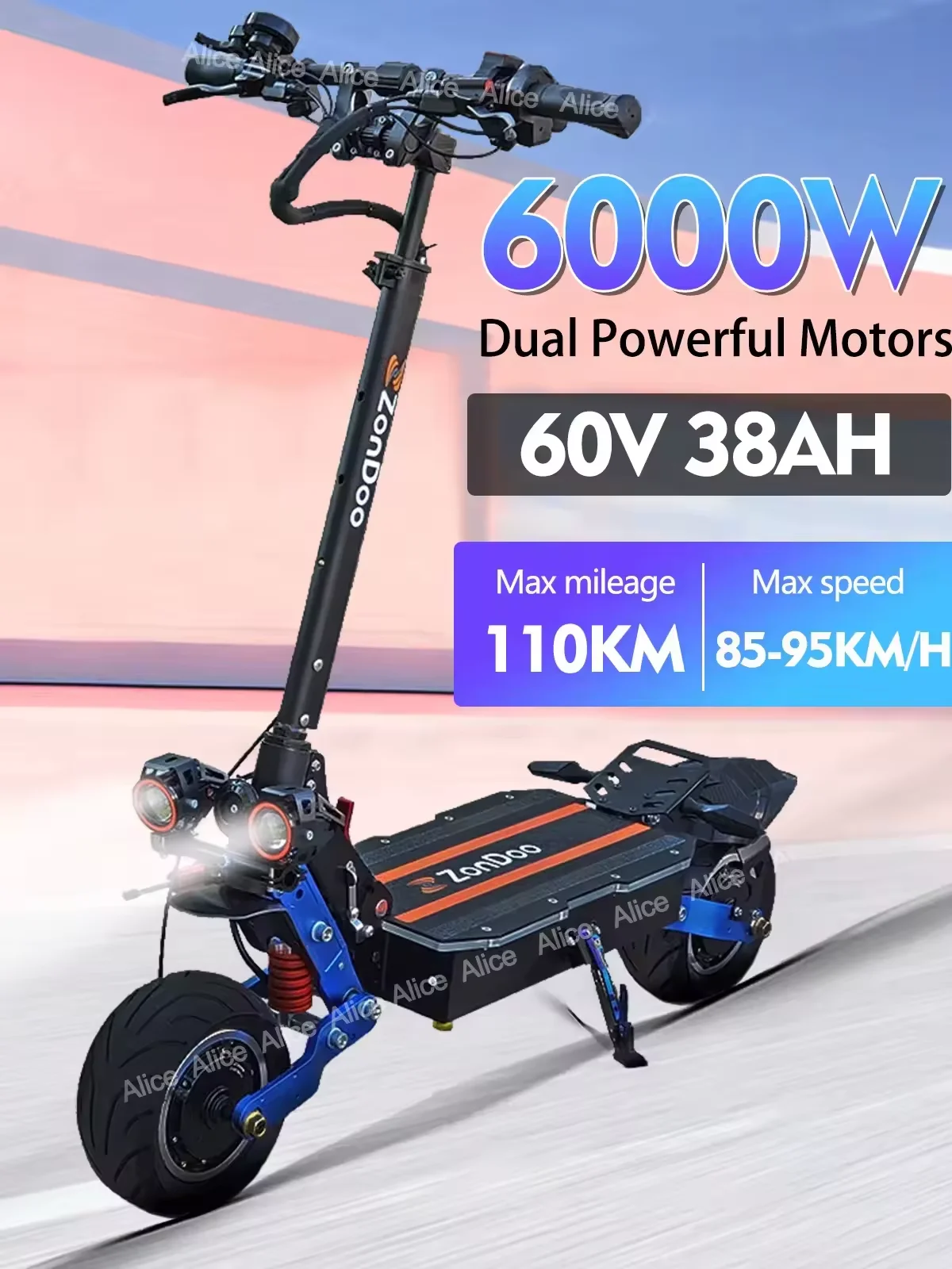 ZonDoo-patinete eléctrico 2025, Scooter rápido de 11 pulgadas, 6000W, 60V, 38Ah, motores duales, velocidad máxima de 95 km/h, rango máximo de 110km, freno hidráulico