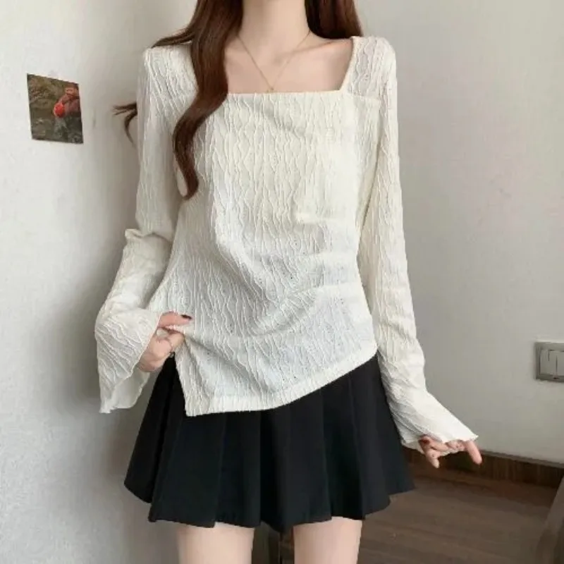 Plus Size Women Autumn Square Neck Long Sleeve Top Flare Sleeve Textured Slim Fit Undershirt T Shirt for Curvy Girls