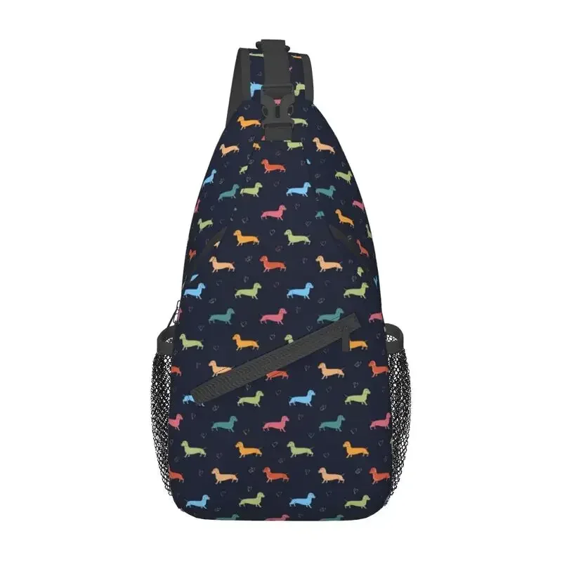 Multicolour Dachshund Hearts Pattern Sling Bags for Travel Hiking Men's Sausage Dog Chest Crossbody Backpack Shoulder Daypack