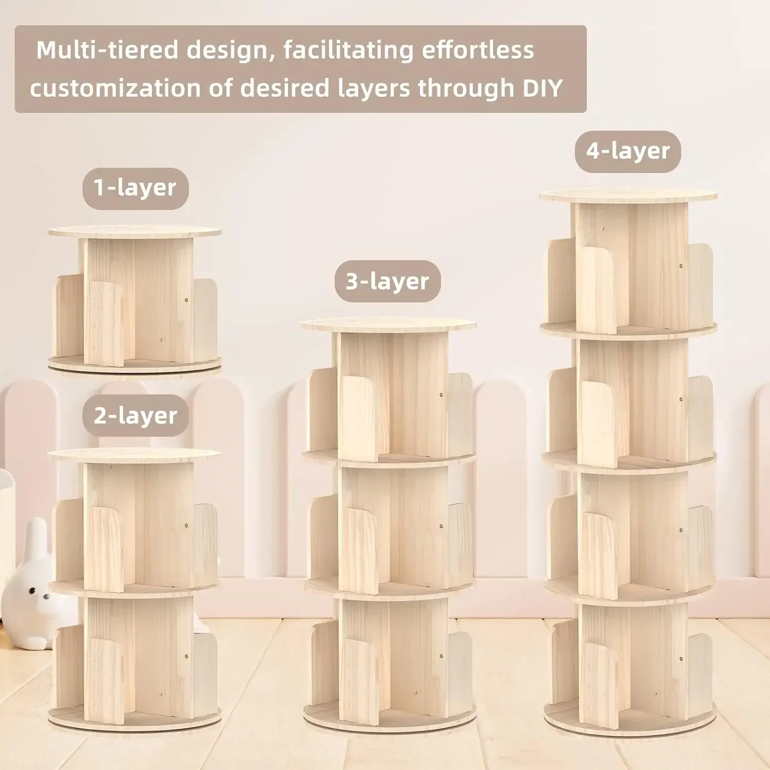 Bookshelf Tower, 360 Display Spinning Bookshelf, 4 Tier Revolving Bookcase for Kids&Adults, Rotating Bookcase for Bedro