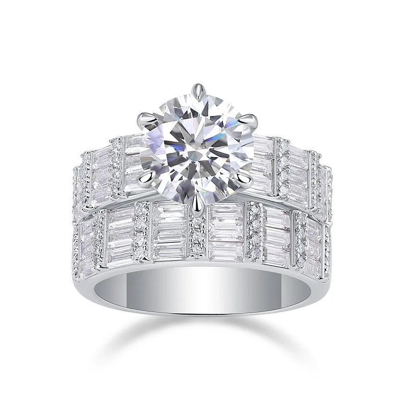 

LYEE CYEE 3CT Round Moissanite Ring 925 Sterling Silver Wide Band Baguette Cut Engagement Wedding Jewelry for Women