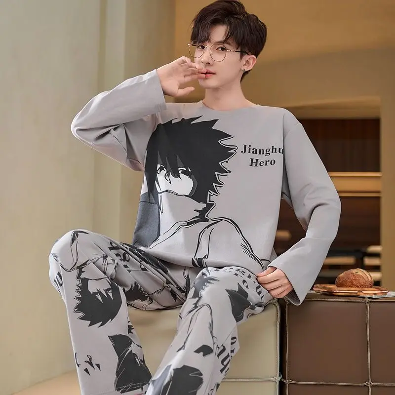 

Kawaii Men's Anime Print Pajama Set 2Pcs Long Sleeve Cotton Casual Loungewear Soft Comfortable Sleepwear Homewear Cartoon New