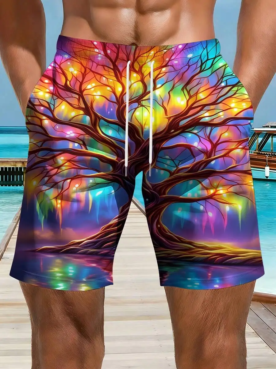 

Mens Beach Shorts 3D Print Colorful Tree With Lights Water Reflection