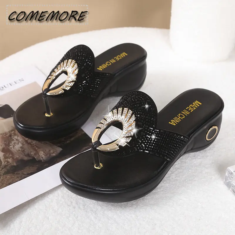 Retro Ladies Slippers Summer New Platform Wedge Rhinestones Flip-flops Sandals Fashion Comfy High Thick Heel Slippers for Women