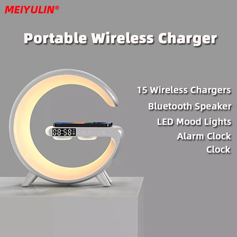 Multifunction 15W Wireless Fast Charger Alarm Clock Built-in Speaker APP Control LED Light Station for Iphone 14 Samsung Xiaomi