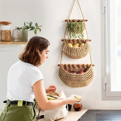 3-Tier Hanging Fruit Basket - Handwoven Jute Wall Organizer For Kitchen, Living Room & Bathroom Storage Hanging Fruit Basket