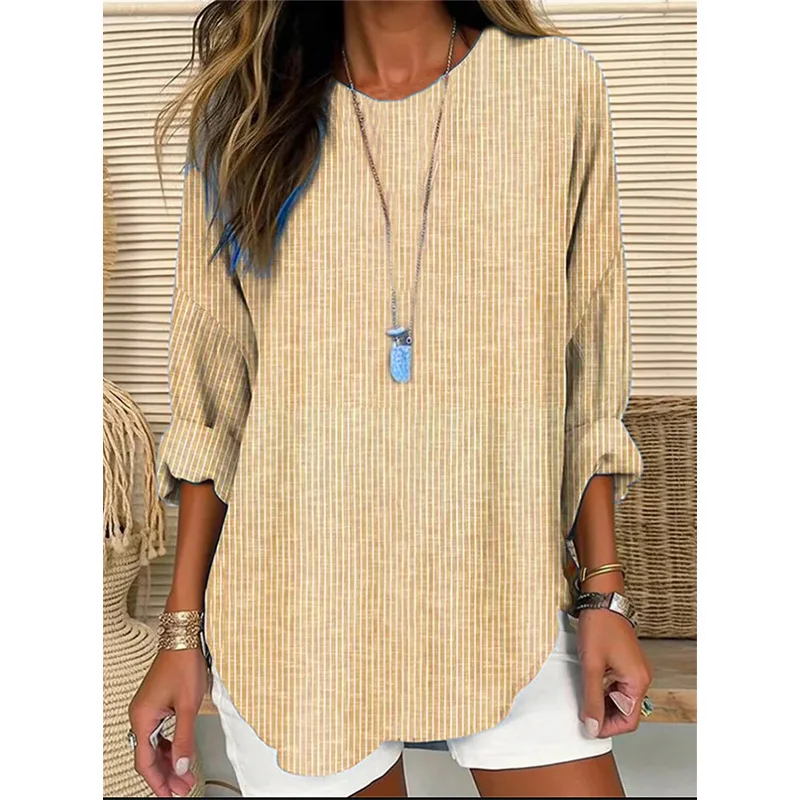 2025 여성 가을 신상 긴팔 라운드넥 스트라이프 티셔츠 여성 패션 캐주얼 오피스 출퇴근 휴가 올매치 풀오버