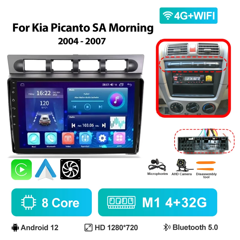 9 "Android Auto Multimedia Voor Kia Picanto SA Mroning 2004-2007 Carplay Speler 2Din Stereo Autoaudio Head Unit navigatie GPS