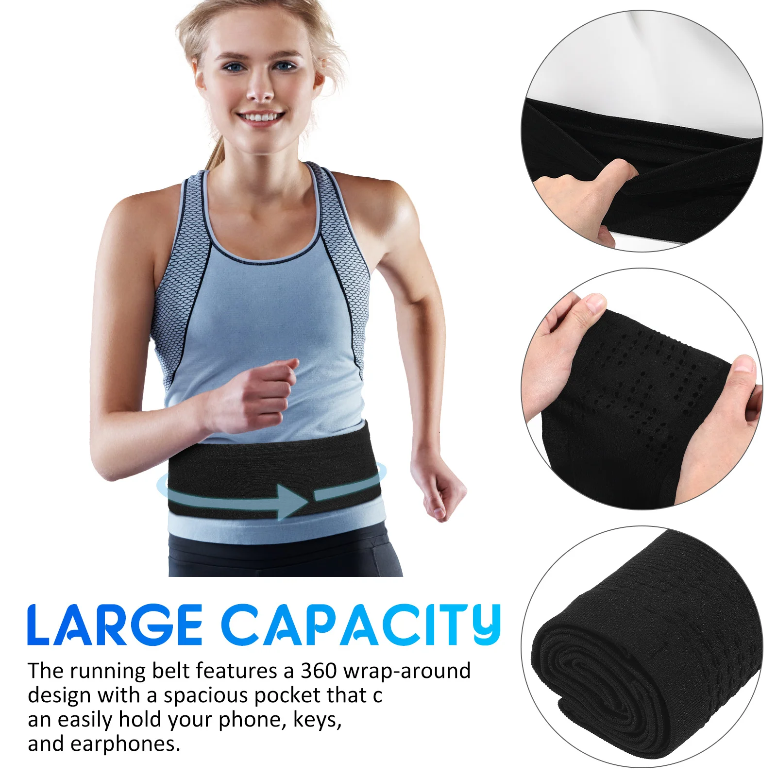 حزام الجري ذو سعة كبيرة، تصميم 360 درجة، جيوب واسعة، مفاتيح الهاتف، سماعات خفيفة الوزن، محمولة، مريحة، مرنة #2