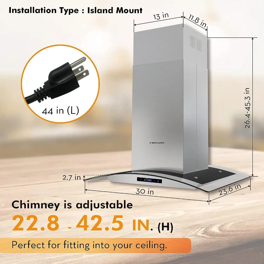 Hotte de cuisine à montage au plafond avec verre guatémaltèque, hotte de cuisine, 450 CFM, 4 lumières LED, livraison continue, 30 po, tendance