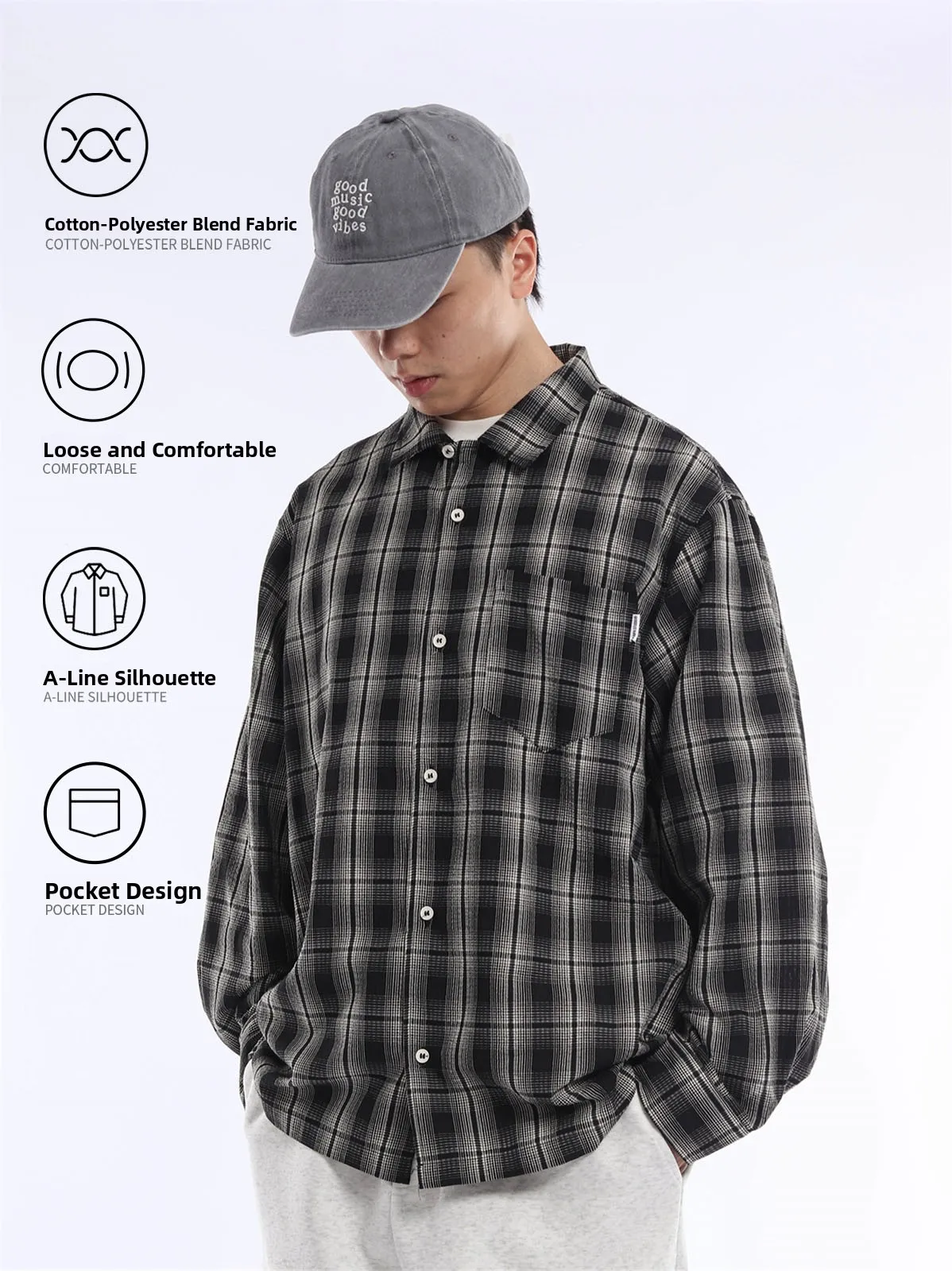 Lightweight Bubble Shirt Casual Black White Plaid Long Sleeve Men's Spring Loose Fit Vintage Style Button up Casual Shirt