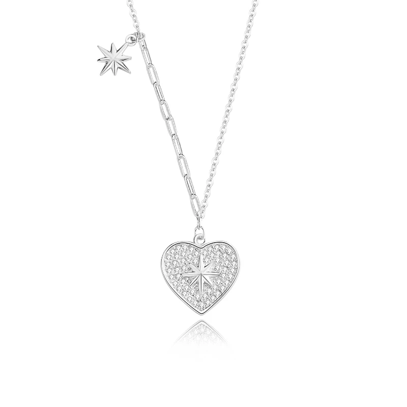 Summer 925 Sterling Silver Sparkling Heart Necklace Sweet Temperament Eight Pointed Star Zircons Pendant Jewelry For Women Gift