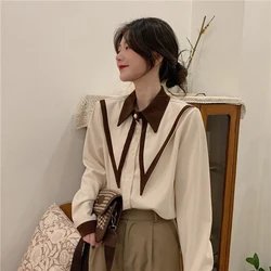 Elegant Shirts Women Vintage Patchwork Long Sleeve Blouses Sweet Korean Peter Pan Collar Black All Match Chic Tops Spring New