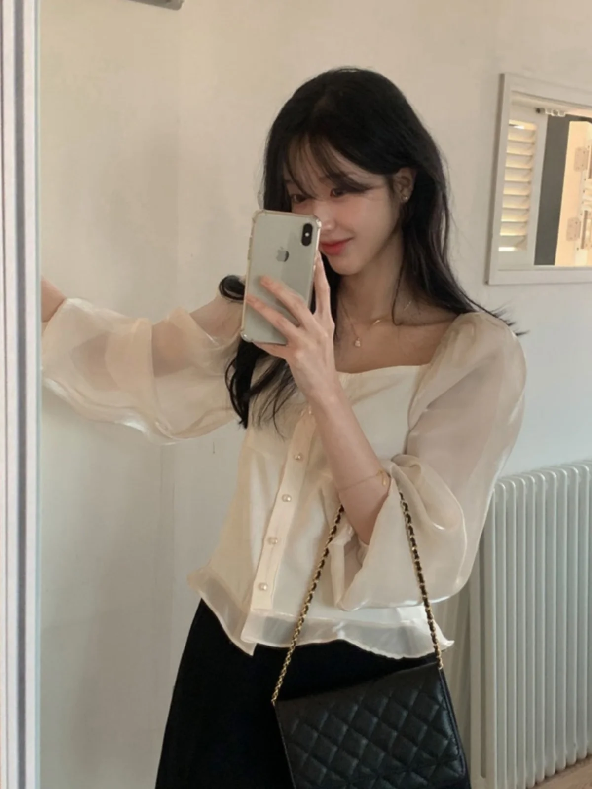 

Early Spring Bubble Sve irt Women's ort Glowing Lace Trim Sweet Temperament Top French Sle Loose Fit Long Sve