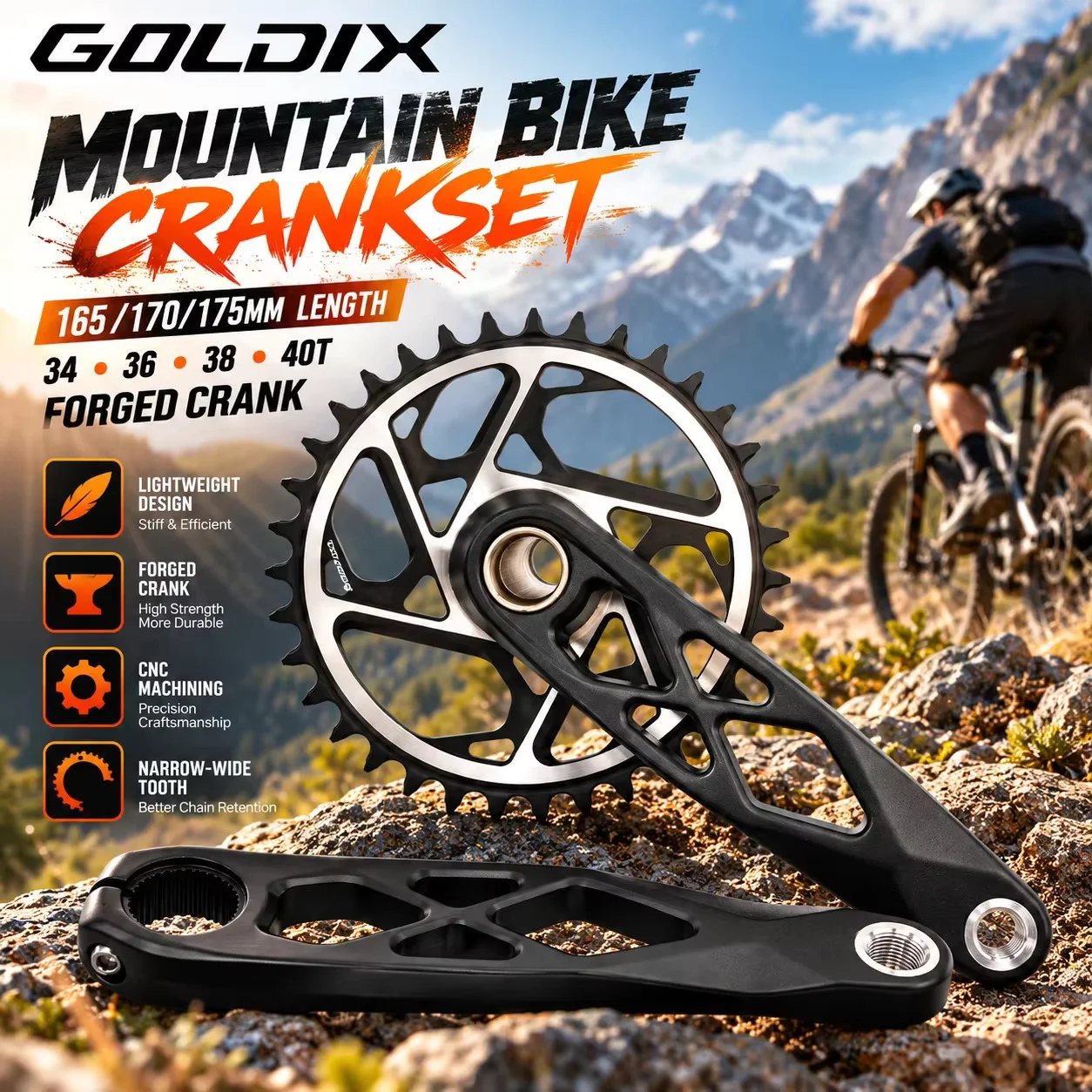GOLDIX MTB Mountainbike-Kurbelgarnitur 165/170/175mm 3-Bolt Direktmontage Boost 3mm Offset 34/36/38/40T 1X Schmal-Breit-Kettenblatt XC AM