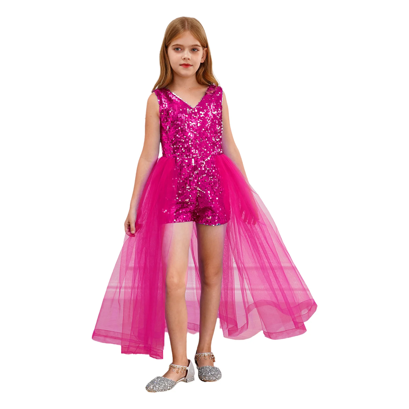 Romper de lantejoulas brilhante com saia de tule para crianças, vestido formal sem mangas para meninas, decote V, vestido de festa de aniversário para crianças