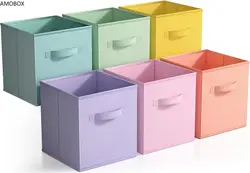 AMOBOX-Collapsible Fabric Storage Cubes,Sturdy Collapsible Bins,Handle,Multi Colored Storage Basket for Shelves,Kids Room,Closet