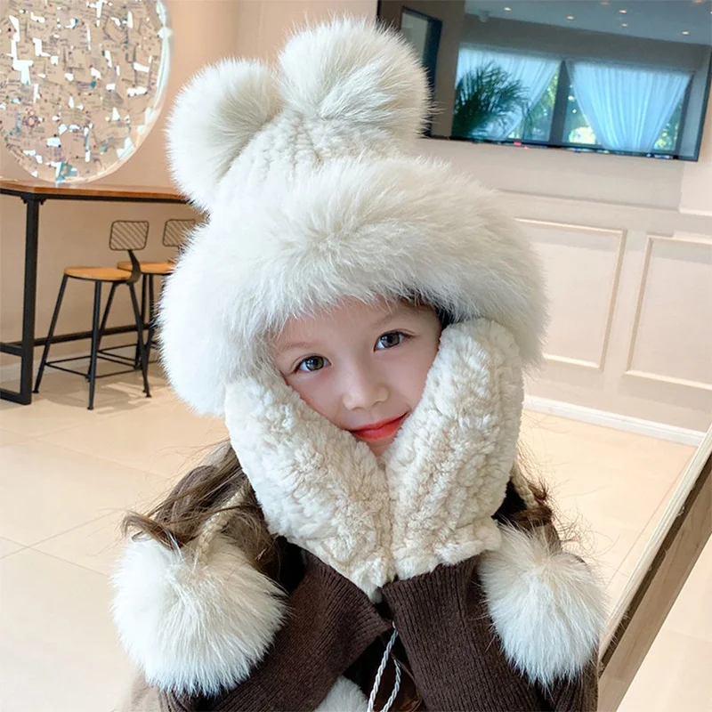 Winter Fashion Lei Feng Hat New Children's Warm Hat Real Mink Outdoor Korean Woven Hat Cute Fox HairBall Thickened Storm Hat