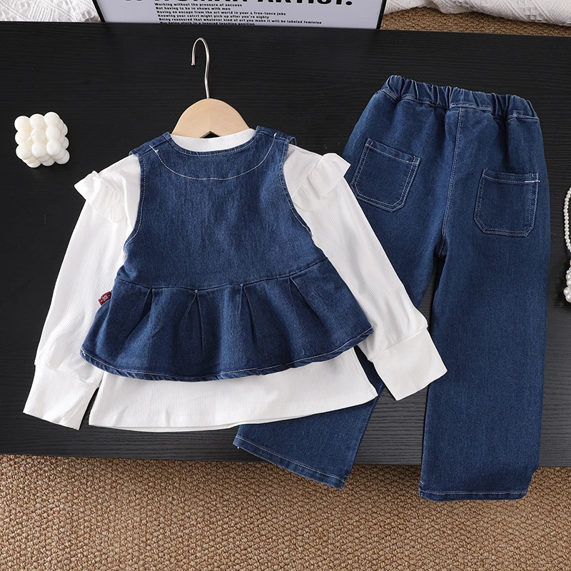 Toddler Girl Peplum Denim Vest 3pcs Set Pearl Button White Tee Jeans Baby Fall Winter Outfit Long Sleeve Cotton 110-140cm