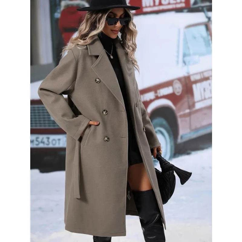 

2025 Autumn New Fashion Solid Women's Coat Collar Woolen Double Breasted Elegant Lace Up Woolen Leisure Women's coat