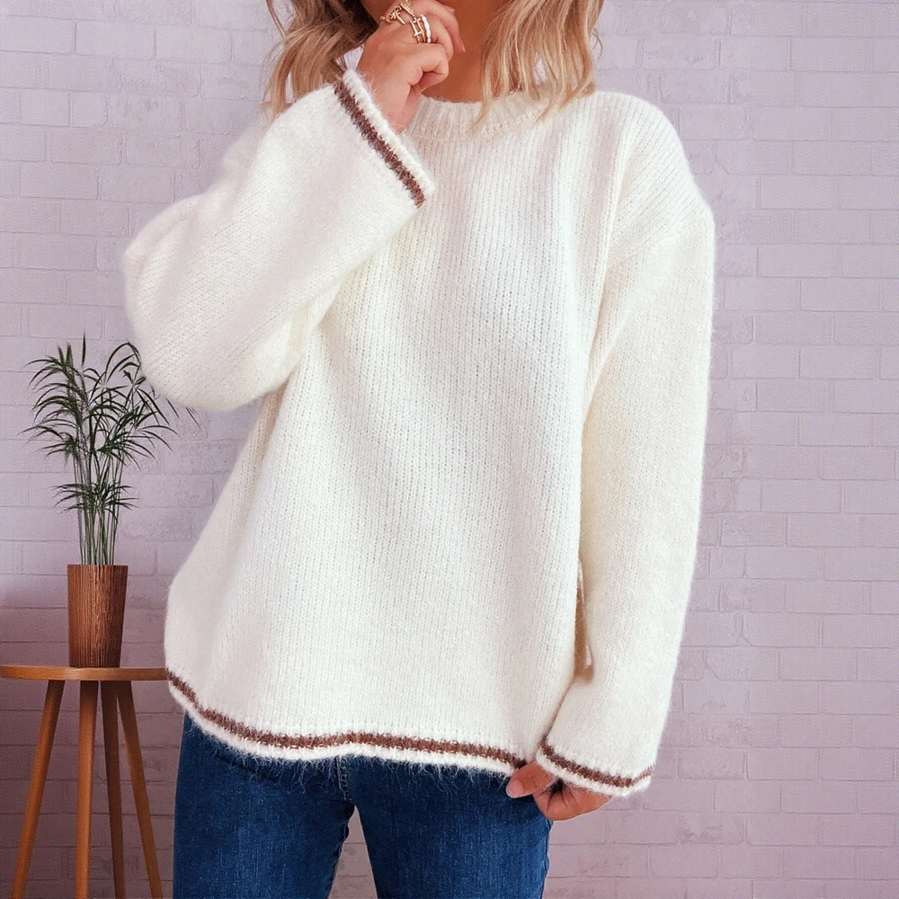 

Женский повседневный свитер с длинным рукавом и круглым вырезом, однотонный, удобный крой, модный верх, зимняя одежда, прямая осенняя одежда