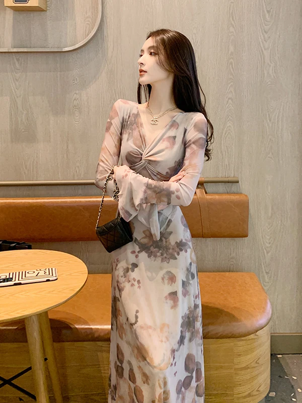 ドレス 長袖 レディースドレス 女性用 結婚式 パーティー 秋 モダール スモック スタンドネック レギュラーフィット プレッピースタイル リブ編み シンプル