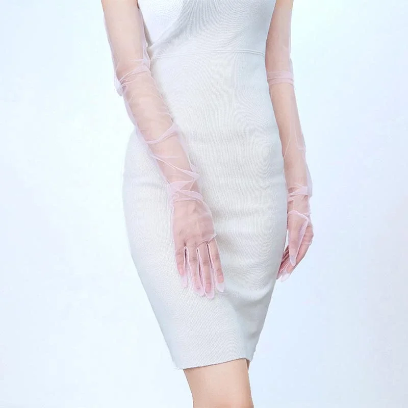 70 سنتيمتر النساء طويلة رقيقة جدا قفازات تول الكوع حفل زفاف فستان عروس القفازات شير شفافة خمر أسود أبيض قفاز شبكي