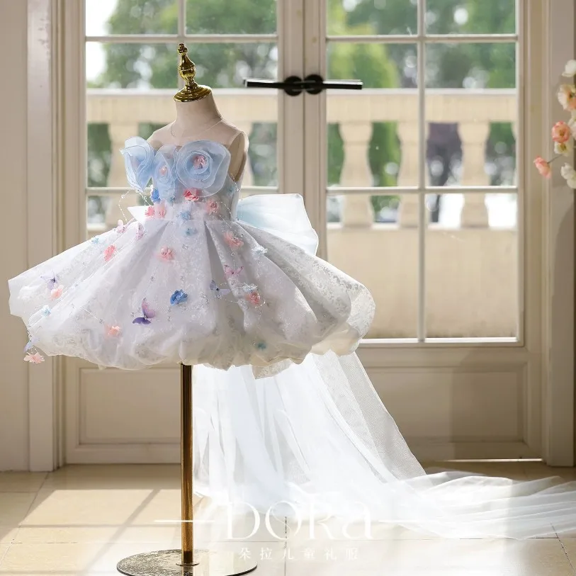 Kinder-Feenprinzessin-Kleid, kurzes Ballkleid mit 3D-Blumen, Tüllkleid mit bunten Blumenapplikationen für Mädchen, Hochzeit, Geburtstagsfeier A5102 – Detail 4