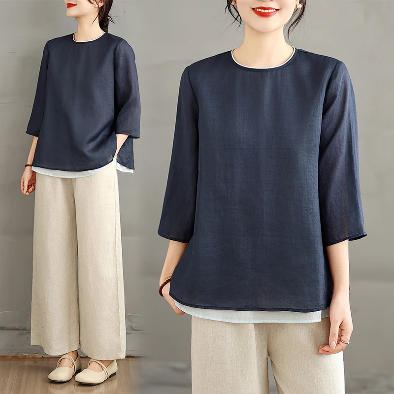 

High-End plus Size Women's Cotton Linen T-irt round Ne Loose Base irt Color Blo Spring Autumn New Sle Comfortable Fit