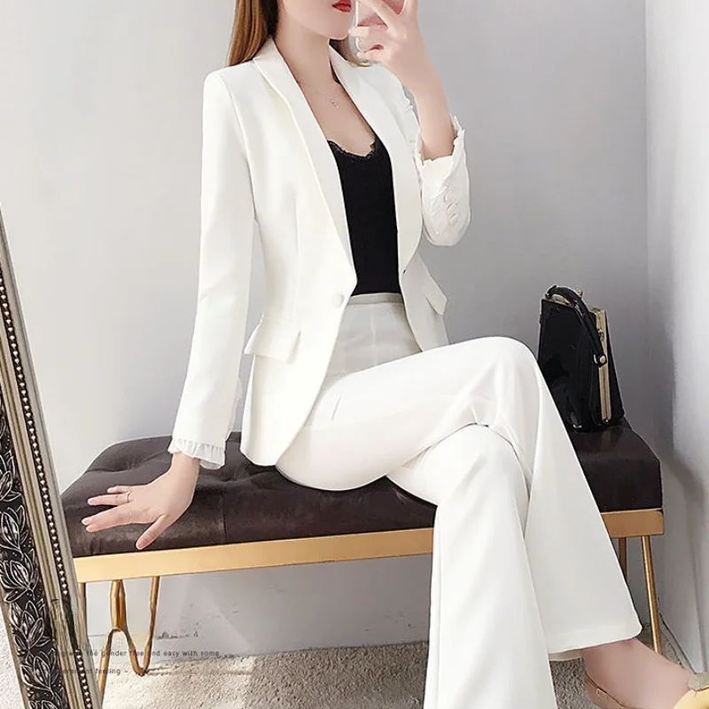 Traje Traje de pantalón sexy Blazer y conjuntos de 2 pantalones para mujer Conjunto de dos piezas blanco Pantalones para mujer Estilo coreano Pierna