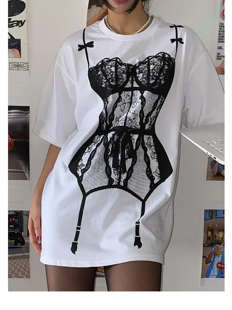 American Street Funny Bikini Print T-shirt Women 24 Summer Design Short Sleeve Round Neck Bottoming Shirt Top