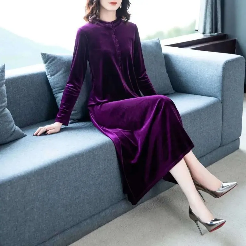 Women\'s Autumn and Winter New Pullover Round Neck Fashion Button Solid Color Loose and Knee Over Long Sleeve Golden Velvet Dress