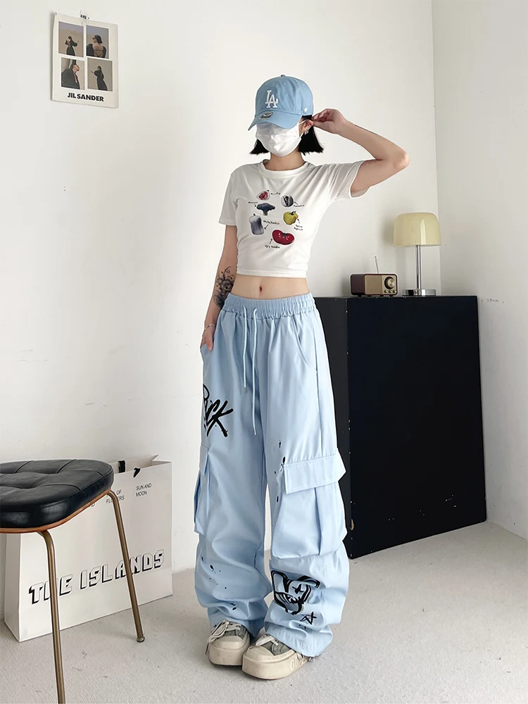 Women\'s Black Gothic Graffiti Cargo Pants Y2k 2000s Streetwear Vintage Emo Trousers Harajuku Parachute Pants Aesthetic Clothes