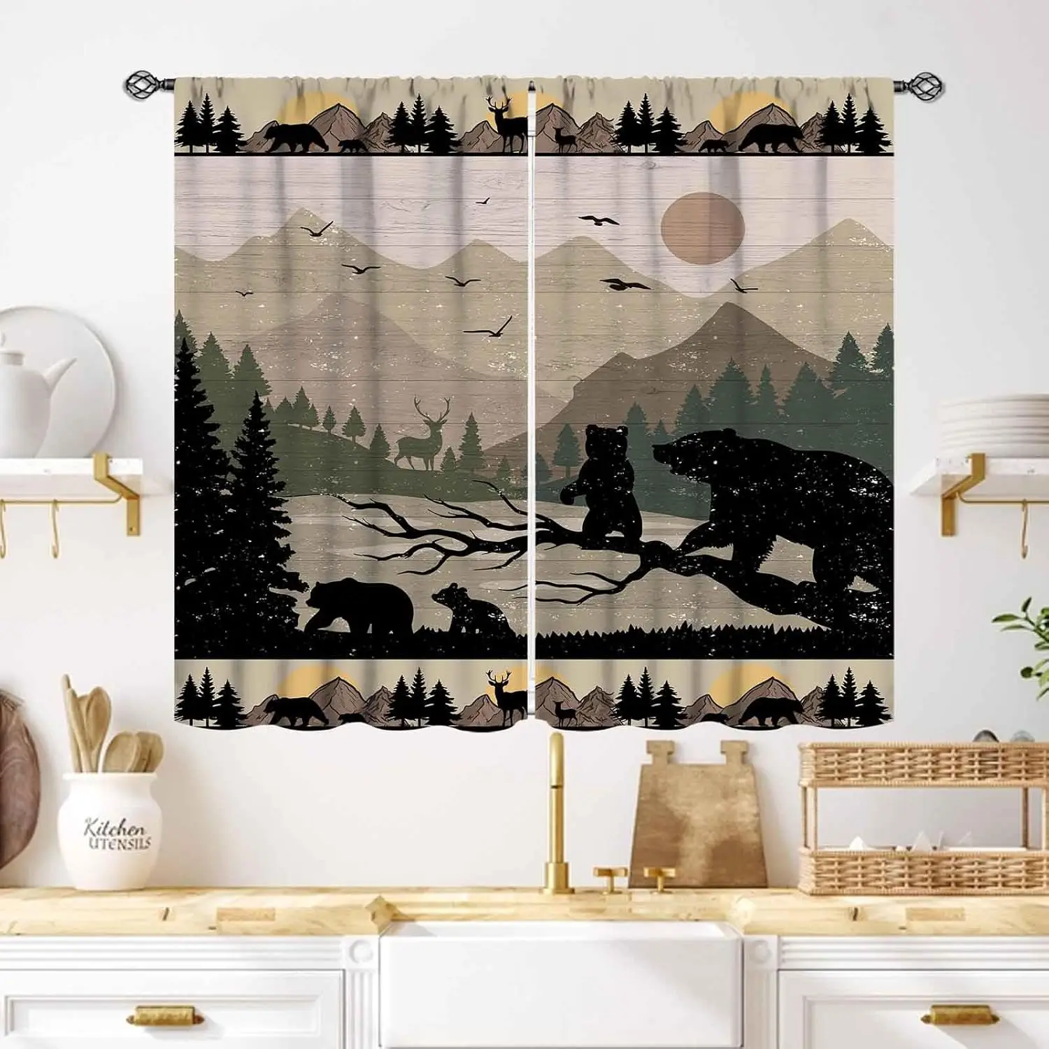 Cabin Bear Kitchen Curtains,Farmhouse Retro Mountain Forest Hunting Wild Animals Bear Elk Rustic Wooden Country Style Window