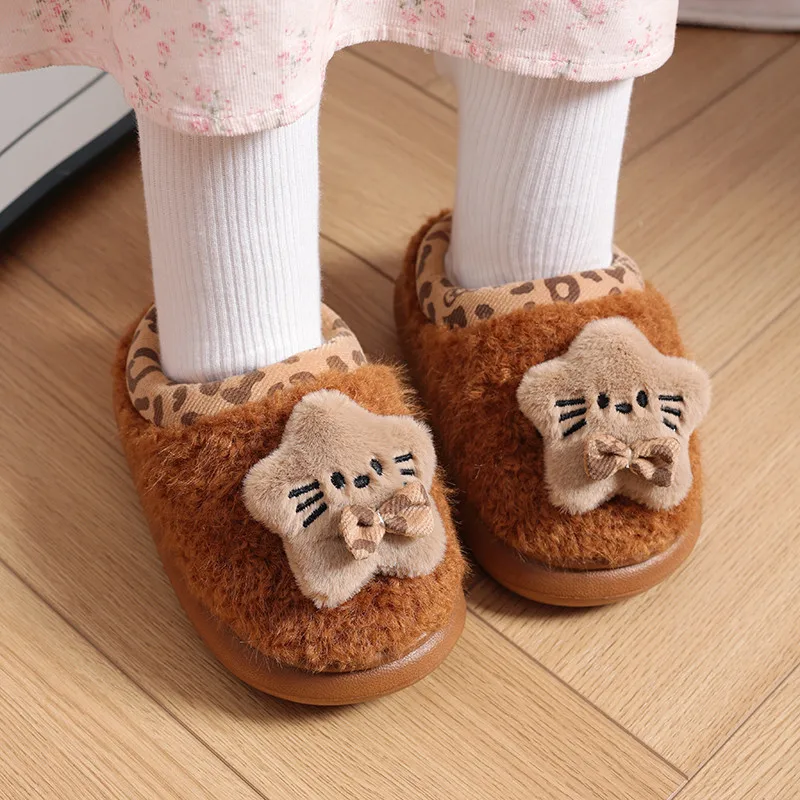Kids Adults Winter Fuzzy Slippers Cute Kitty Bow Plush Slippers Leopard Print Collar Warm Fluffy Indoor Home Shoes Size 24‑41 - view 3