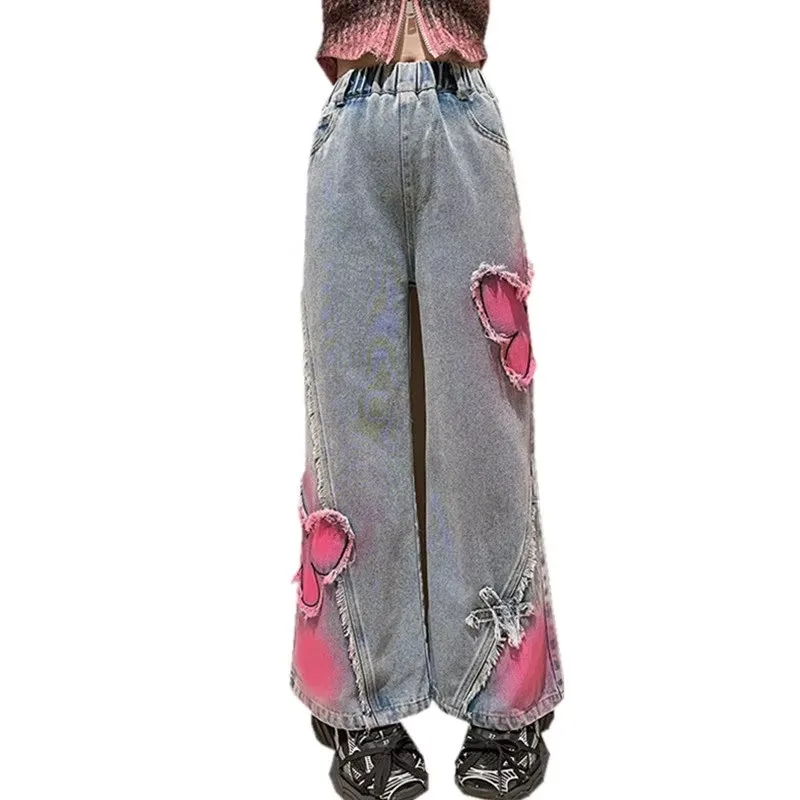 

Korea Style Kids Long Jeans Teens Trousers Hot Deals Big Girls Fashion High Street Butterfly Denim Wide Leg Pants High Waist