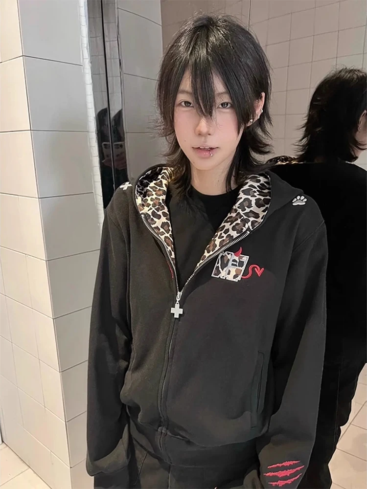 

American Sle Spliced Leopard Print Devil Hoodie ort Stitched Vibe Sweatirt Zipper Open Cardigan Couple Jaets for Men ...