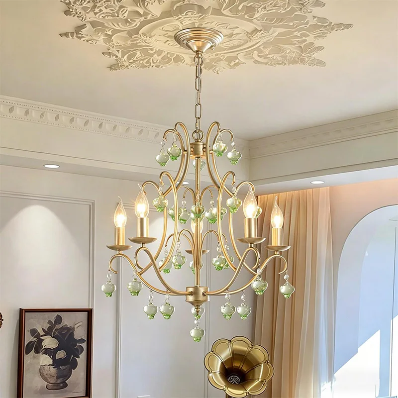 Vintage French Candle Chandeliers with Clear/Brown/Green Crystal Pendant Luxury Silver Iron Hanging Lamp for Dining Room Bedroom
