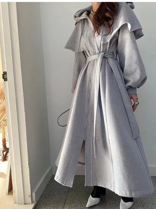 Elegant Hooded Sweatshirt Dress Women's Autumn Winter New Belted Zipper Jacket Top Korean Style Regular Fit Streetwear