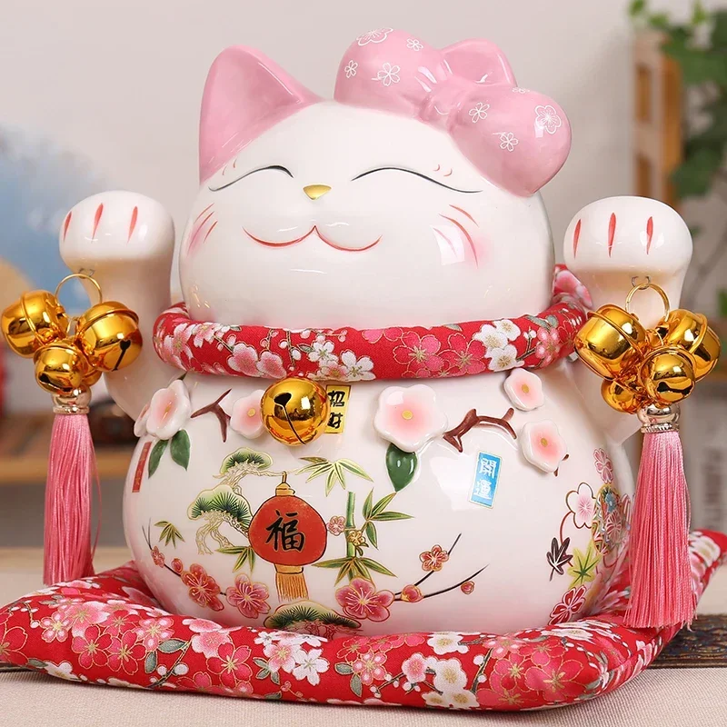 Cartoon Ornament Ceramic Lucky Cat Figurine Pink BOW-TIE Fortune Cat Statue Home Decorative Money Box Piggy Bank