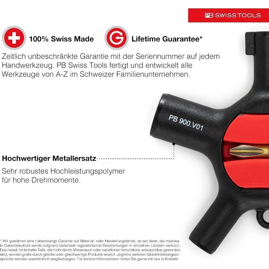 PB Swiss Tools PB 900.V01 9-in-1 Universal Cabinet Pocket Key Tool with Bit Holder 2 C6 Bits and Key Ring