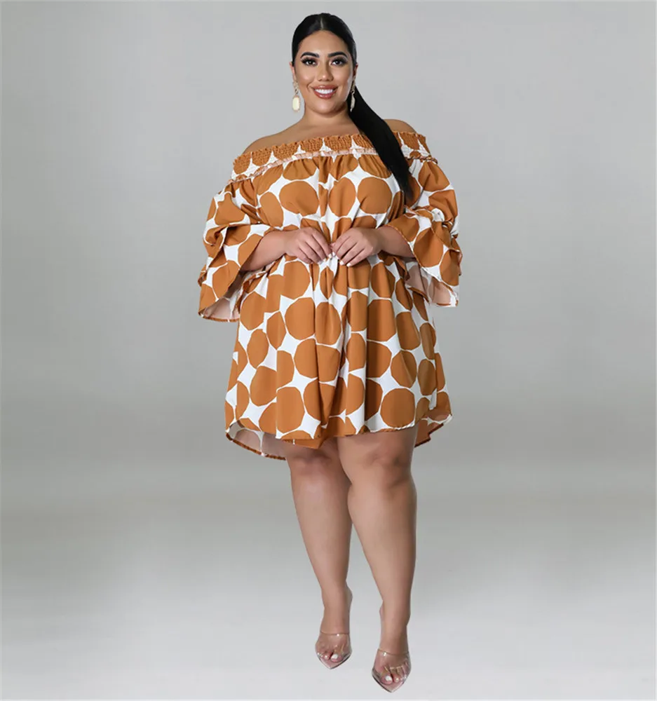 Wmstar Plus Size Dresses for Women Summer Dot Pint Off Shoulder Sweet Elegant Casual Mini Dress New Style Wholesale Dropshipping